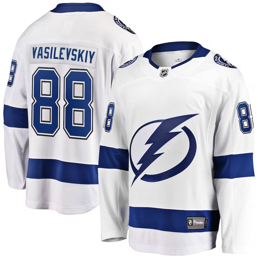 Men Tampa Bay Lightning 88 Andrei Vasilevskiy Fanatics Branded White Away Premier Breakaway Player NHL Jersey